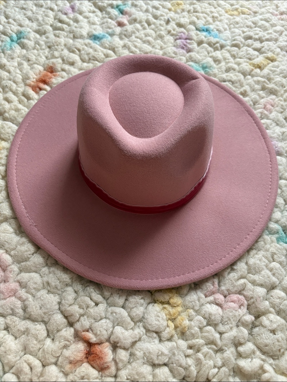 Pink Wide-Brim Felt Velvet Trim Hat